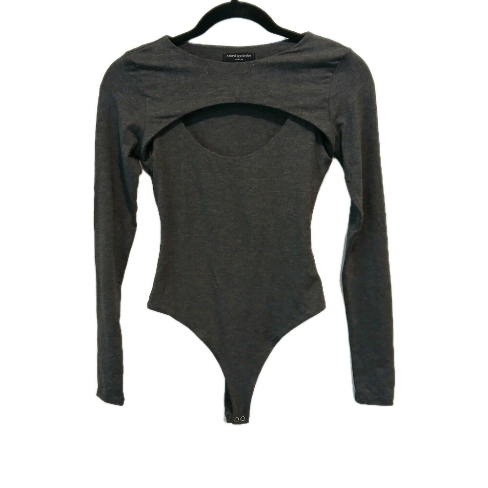 Naked Wardrobe Gray Long Sleeve Open Front  Cutout Bodysuit Size Small Thong